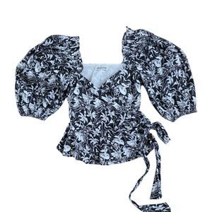 St. Roche Black Floral Puff Sleeve Wrap Blouse XS